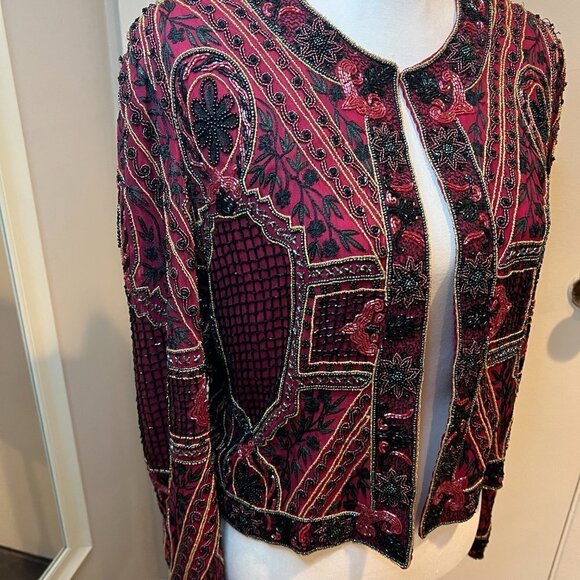 Vintage Niteline by Della Roufogali Red Silk Beaded jacket, Size Medium - Picture 2 of 14